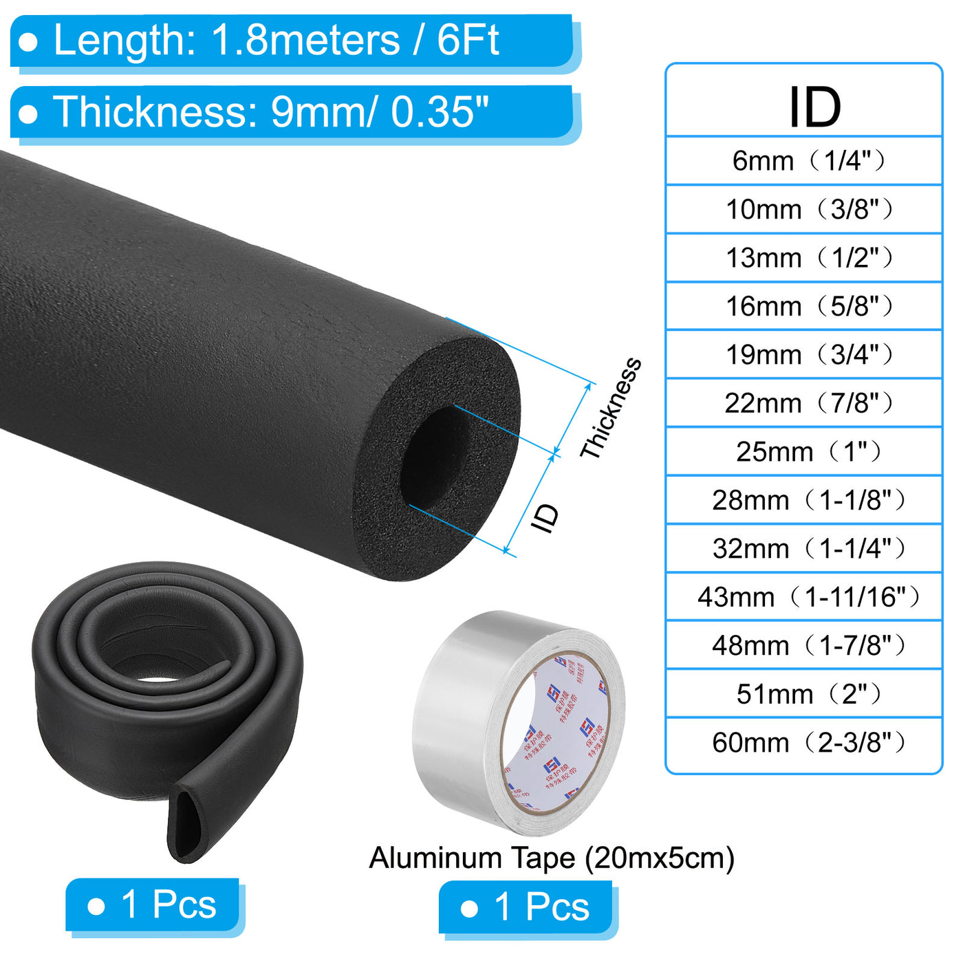 Harfington 2-3/8"(60mm) ID x 6Ft Pipe Insulation Foam Tube Set with Aluminum Tape