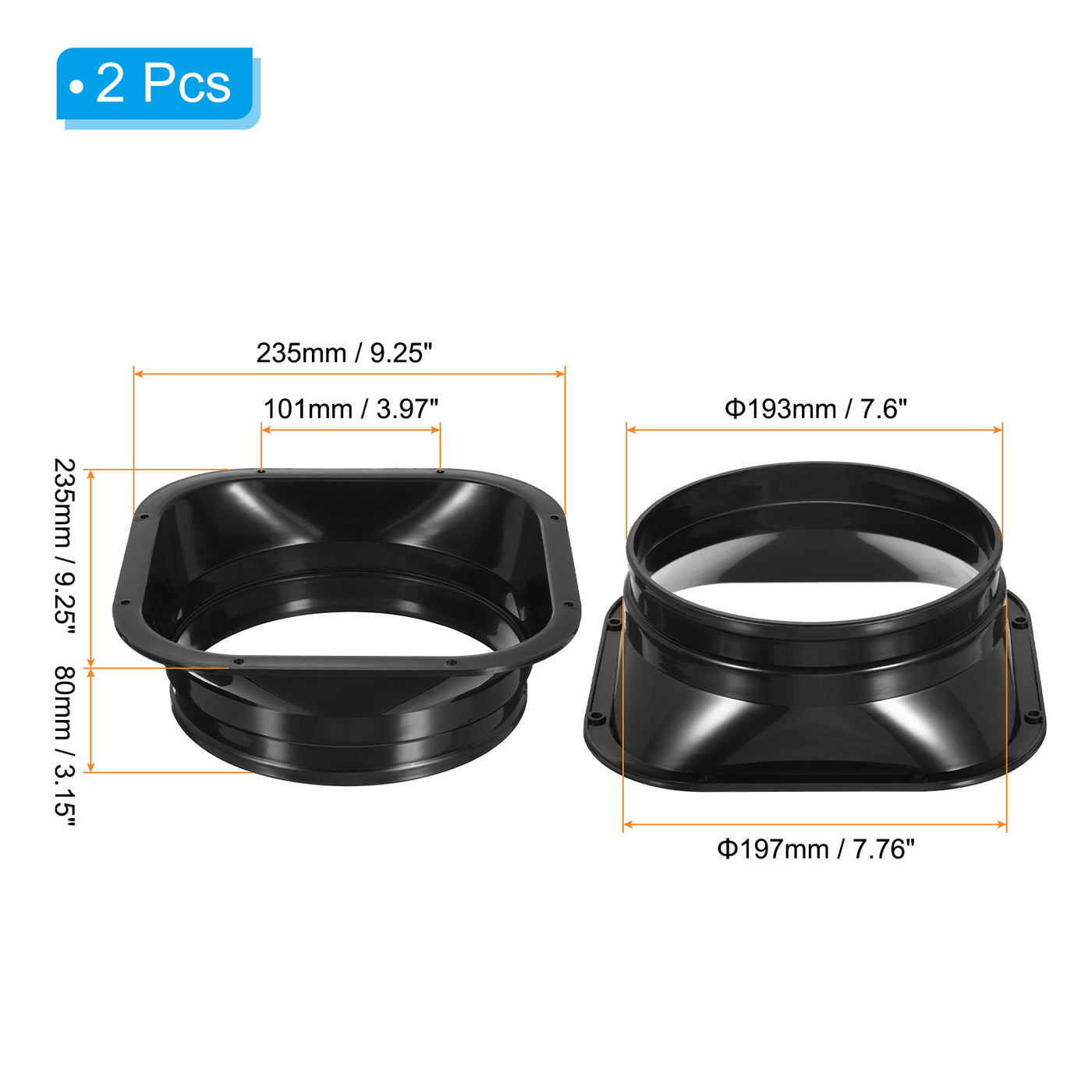 Harfington 8" Kanal Anschluss Flansch 2Stk PP Trockner Entlüftungs Wand Platte Quadratisch auf Rund Gerade Kanal Platte für Luft Heizung Kühlung Lüftung Abluft Ventilator Schwarz