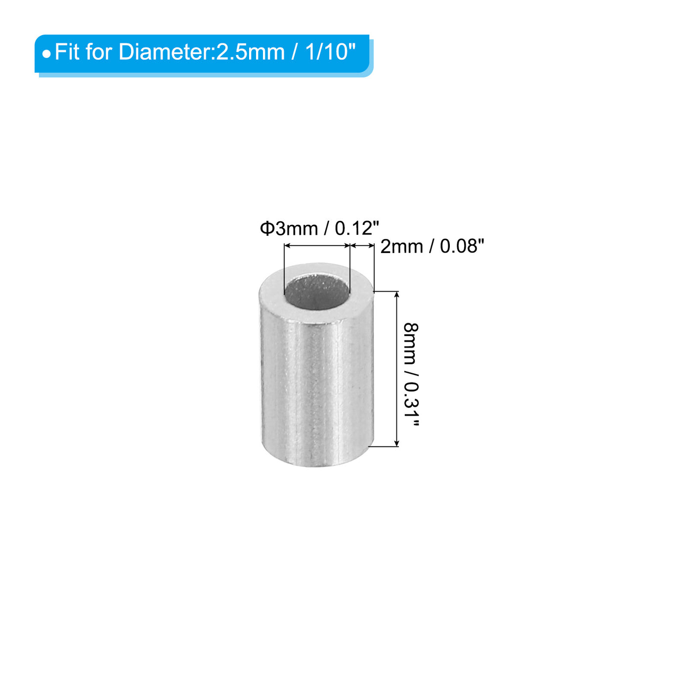 uxcell Uxcell 1/10"2.5mm Aluminum Crimping Loop Sleeve Single Round Ferrule,Silver 25pcs