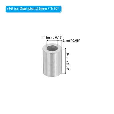 Harfington Uxcell 1/10"2.5mm Aluminum Crimping Loop Sleeve Single Round Ferrule,Silver 25pcs