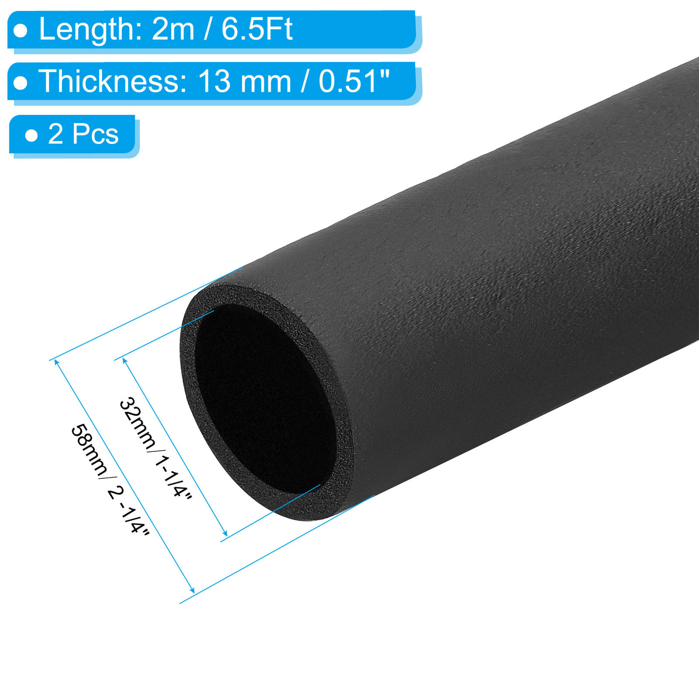 Harfington 2Pcs 1 - 1/4"(32mm) ID x 6.5Ft Pipe Insulation Foam Tube