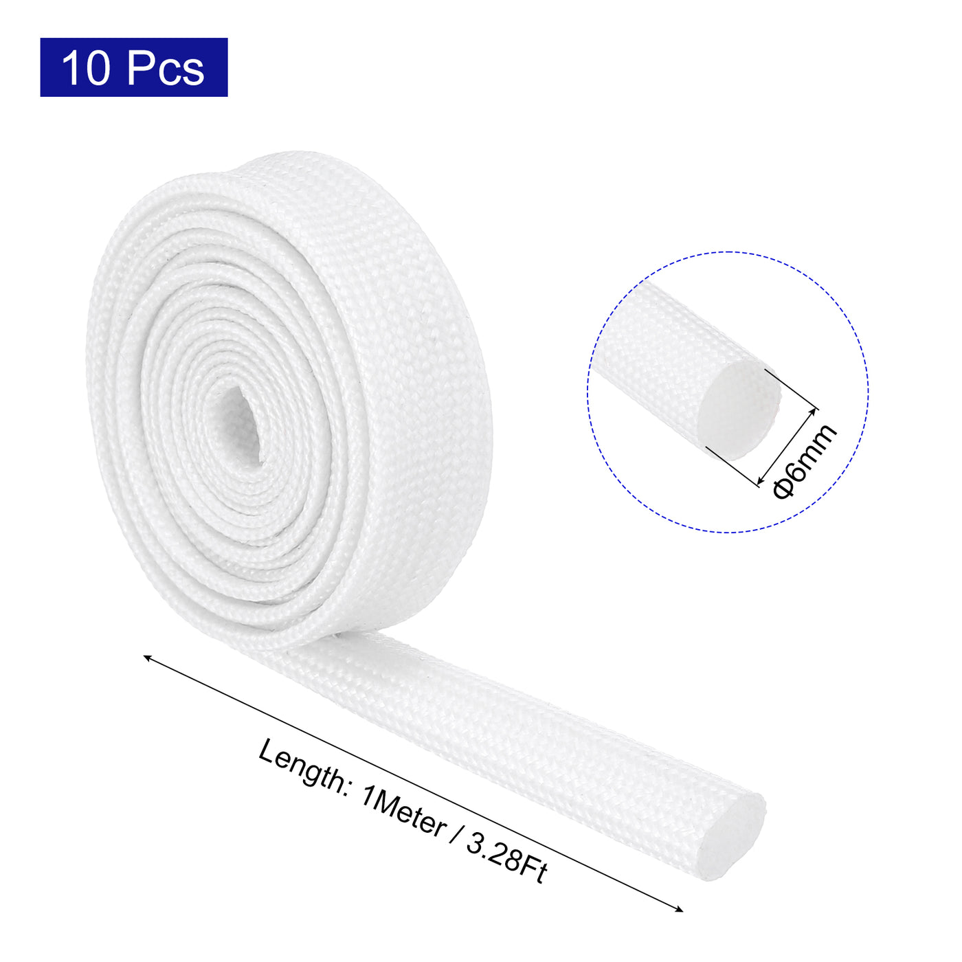 Harfington 10Pcs Insulation Braided Cable Sleeve,3.3Ft-1/4 Inch ID White, High Temp Silicone Fiberglass Sleeving for Cable Wrap, Automotive Wiring Protection