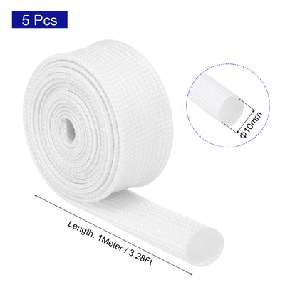 Harfington 5Pcs Insulation Braided Cable Sleeve,3.3Ft-13/32 Inch ID White, High Temp Silicone Fiberglass Sleeving for Cable Wrap, Automotive Wiring Protection