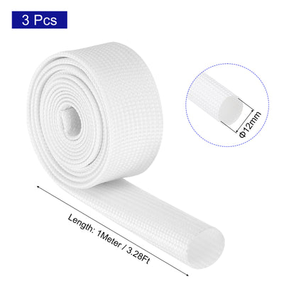 Harfington 3Pcs Insulation Braided Cable Sleeve,3.3Ft-1/2 Inch ID White, High Temp Silicone Fiberglass Sleeving for Cable Wrap, Automotive Wiring Protection