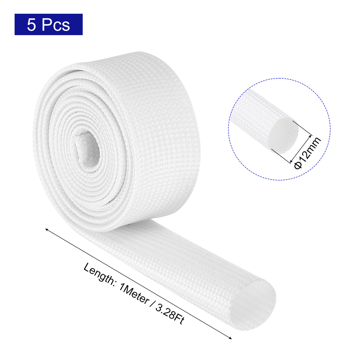 Harfington 5Pcs Insulation Braided Cable Sleeve,3.3Ft-1/2 Inch ID White, High Temp Silicone Fiberglass Sleeving for Cable Wrap, Automotive Wiring Protection