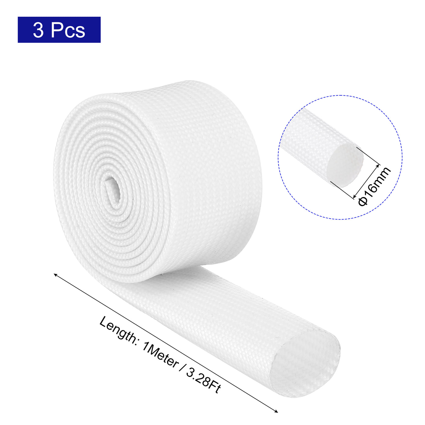 Harfington 3Pcs Insulation Braided Cable Sleeve,3.3Ft-5/8 Inch ID White, High Temp Silicone Fiberglass Sleeving for Cable Wrap, Automotive Wiring Protection