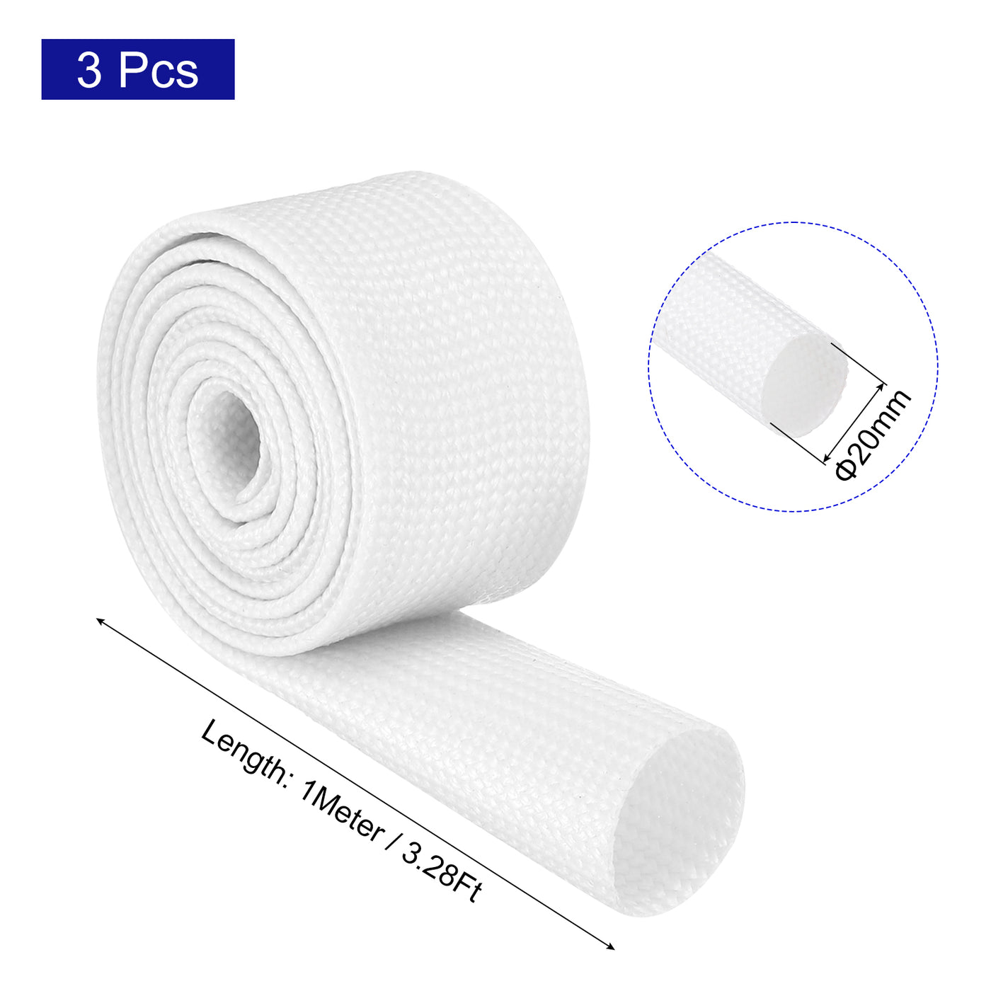 Harfington 3Pcs Insulation Braided Cable Sleeve,3.3Ft-13/16 Inch ID White, High Temp Silicone Fiberglass Sleeving for Cable Wrap, Automotive Wiring Protection