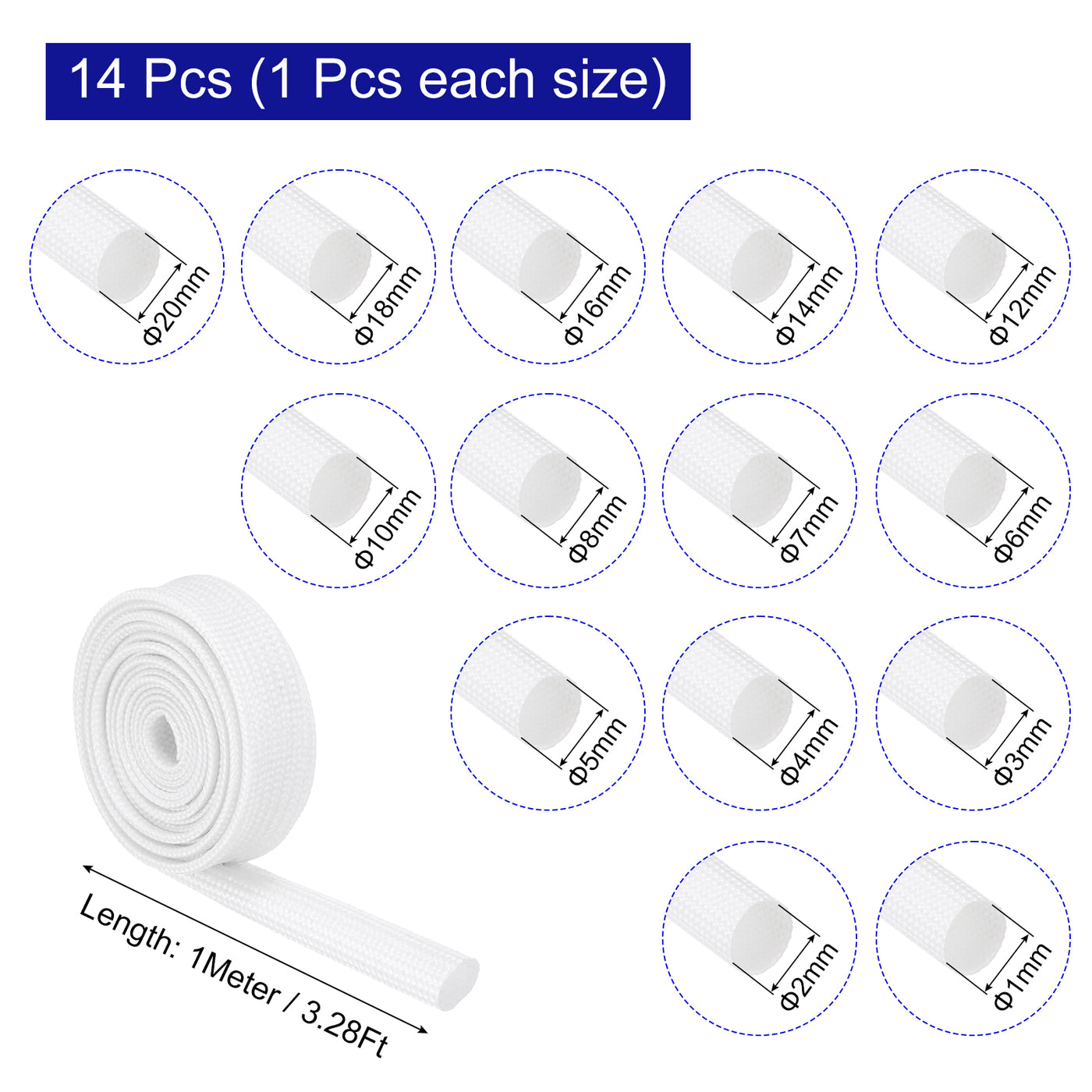 Harfington Insulation Braided Cable Sleeve,White High Temp Silicone Fiberglass Sleeving for Cable Wrap, Automotive Hose Wiring Protection(3.3Ft x 14 Sizes ID)