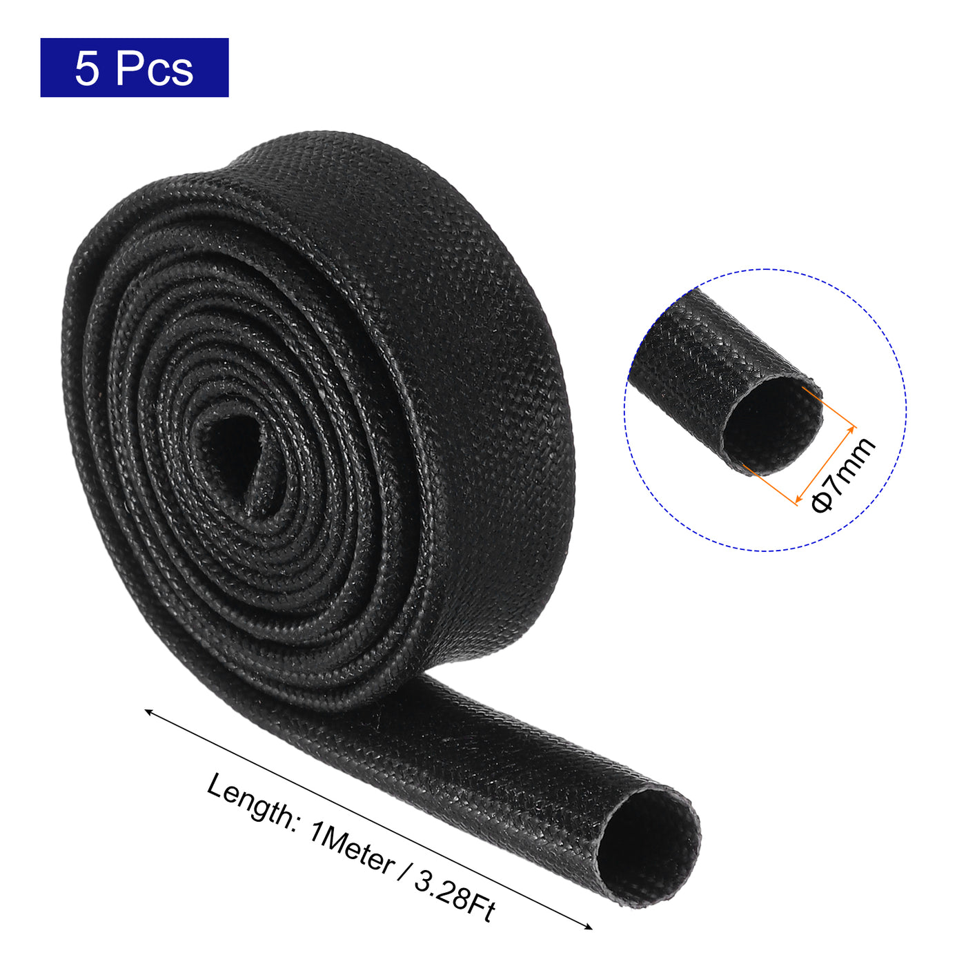 Harfington 5Pcs Insulation Braided Cable Sleeve,3.3Ft-9/32 Inch ID Black, High Temp Silicone Fiberglass Sleeving for Cable Wrap, Automotive Wiring Protection