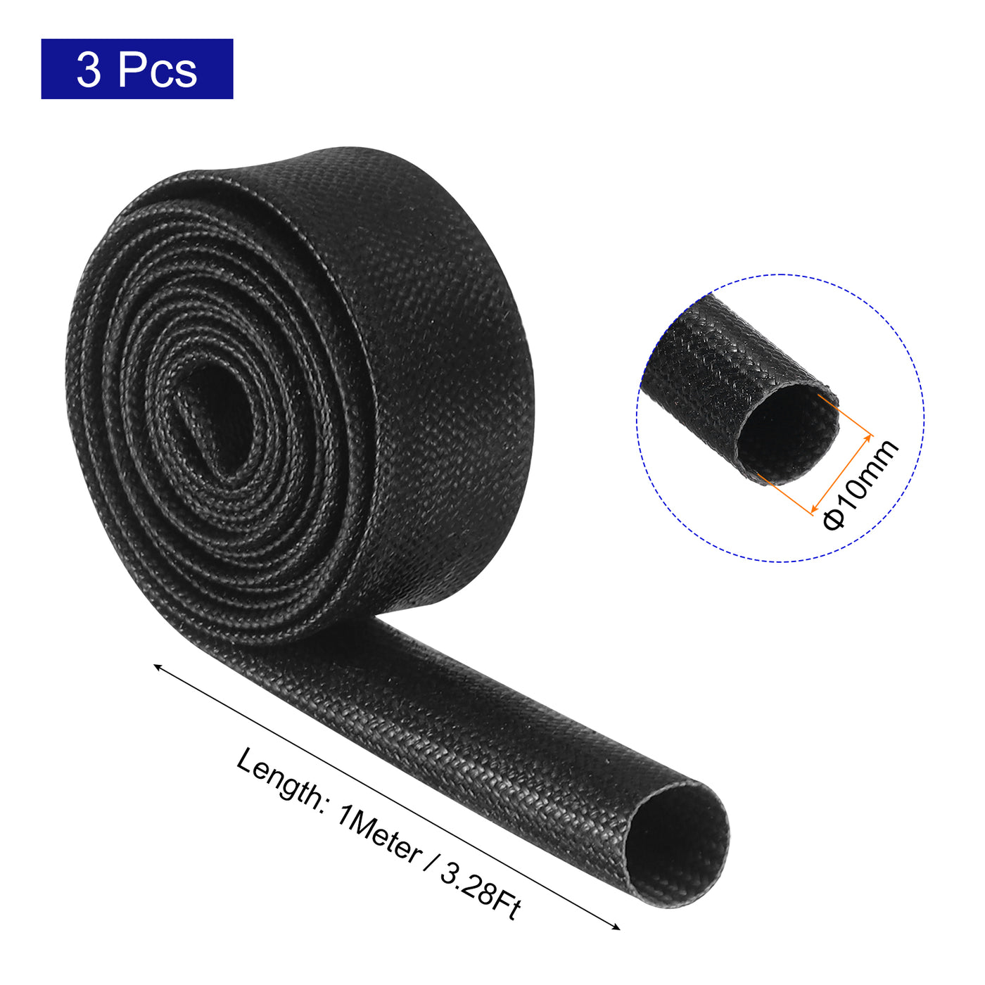 Harfington 3Pcs Insulation Braided Cable Sleeve,3.3Ft-13/32 Inch ID Black, High Temp Silicone Fiberglass Sleeving for Cable Wrap, Automotive Wiring Protection