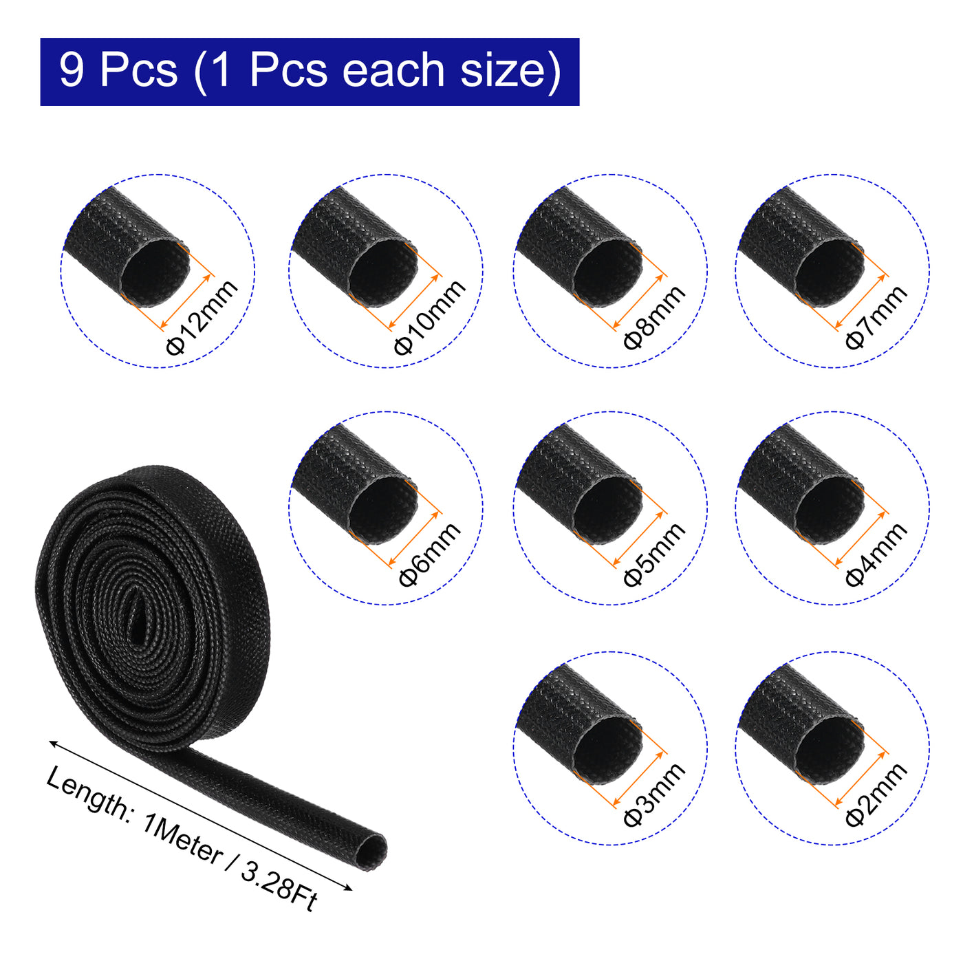 Harfington Insulation Braided Cable Sleeve,3.3Ft-2/3/4/5/6/7/8/10/12MM ID Black,Fiberglass Sleeving for Cable Wrap, Automotive Hose Wiring Protection