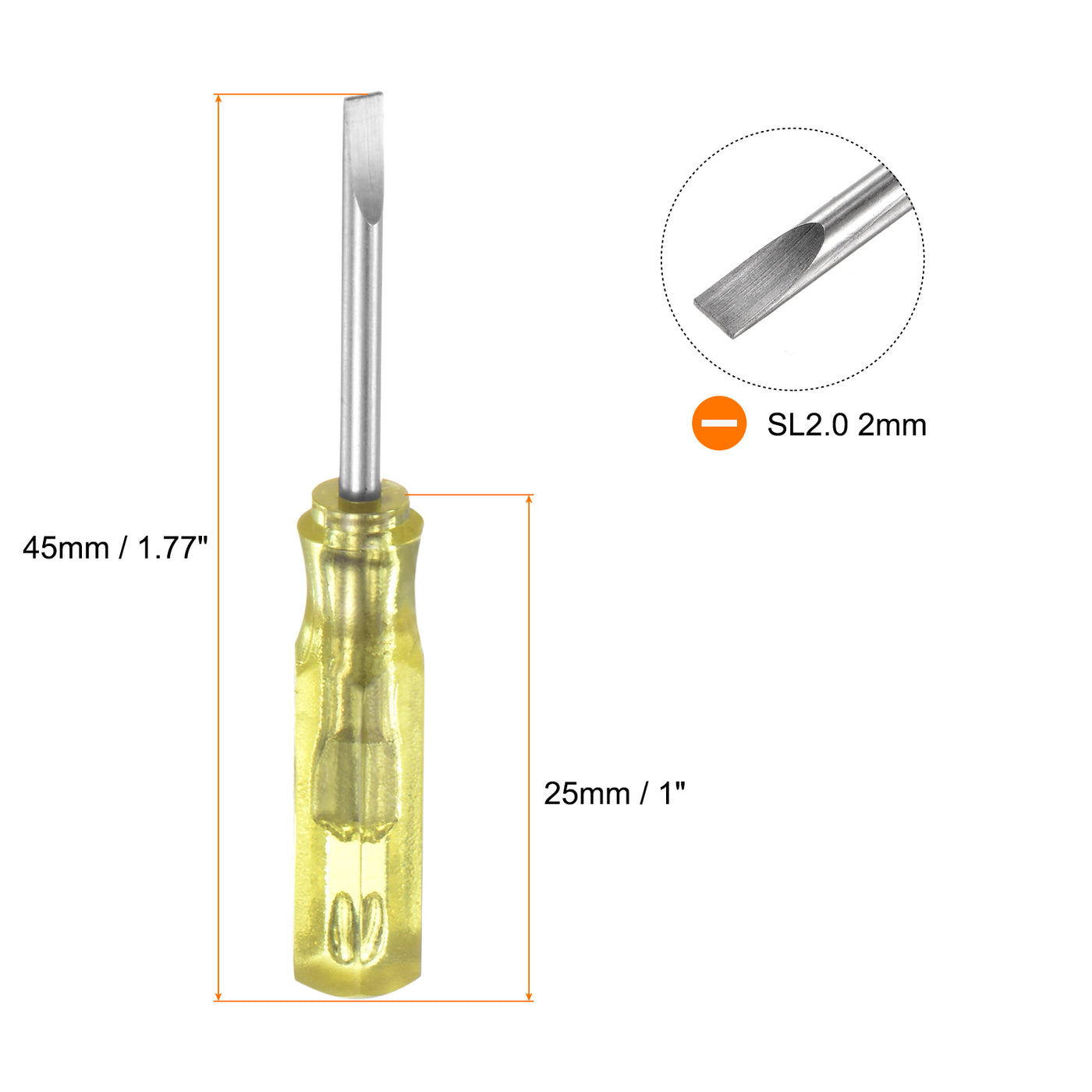 Harfington 2Pcs SL2.0 Mini Slotted Screwdriver 2mm Magnetic Flat Head 45mm Length, Yellow