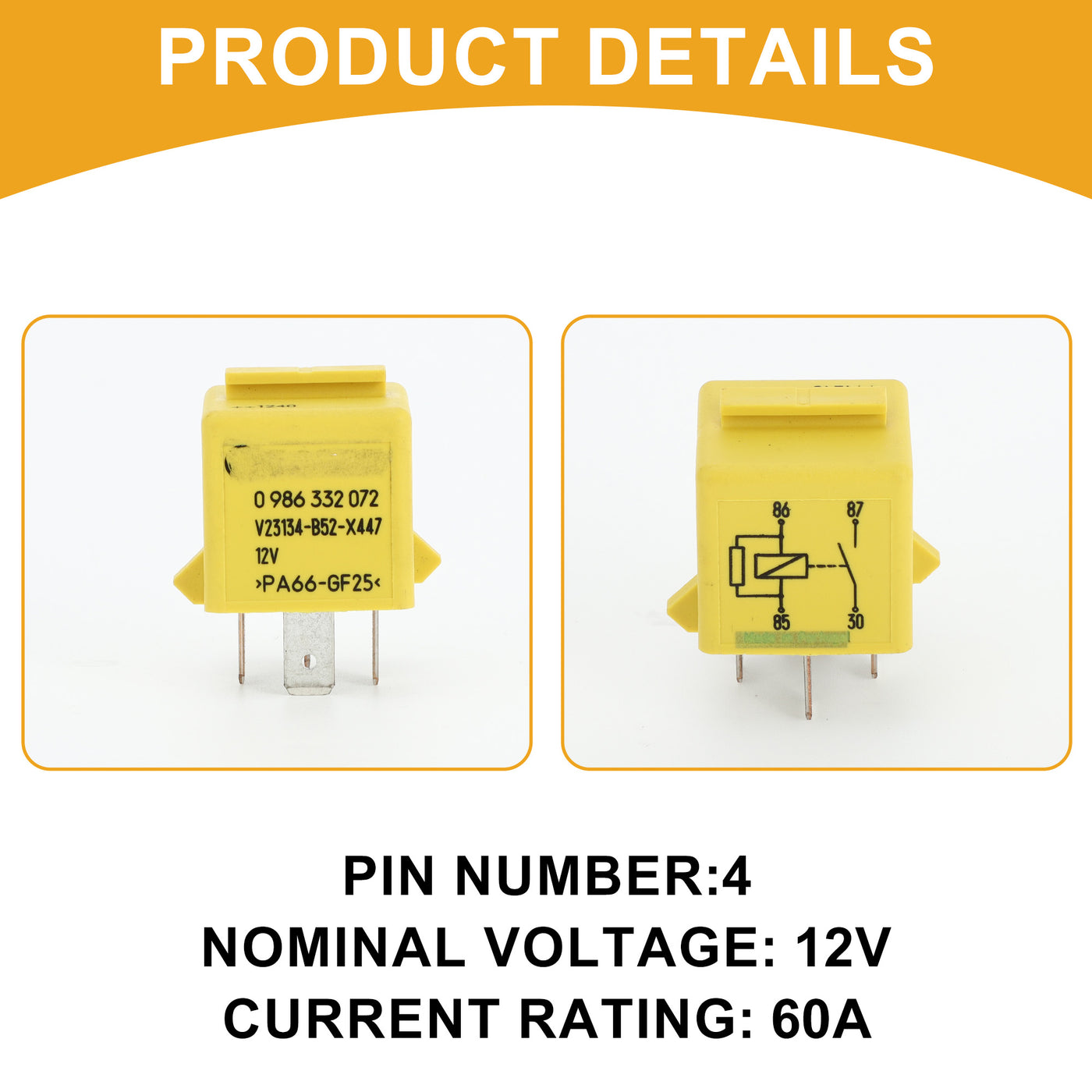 Partuto Mini Starter Relay No.YWB10027L - Car Horn Relay - 12V 60A 4 Pin for Land Rover Discovery 1994-2004 Plastic Yellow - 1 Pc