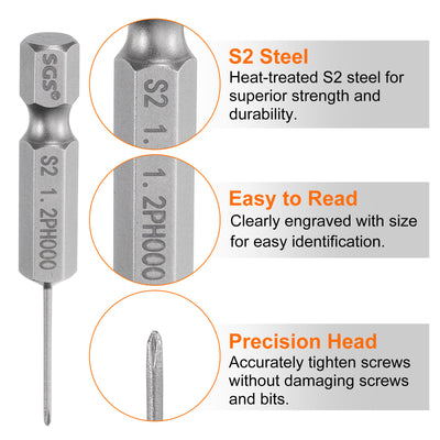 Harfington 5 Stück #000 Phillips Schraubendreher Bit PH000 1/4" Sechskantschaft 2" (50mm) Lang Magnetisch S2 Stahl Industriequalität Schraubendreher Bit Kreuzkopf Bits 0.047" (1.2mm) Stab