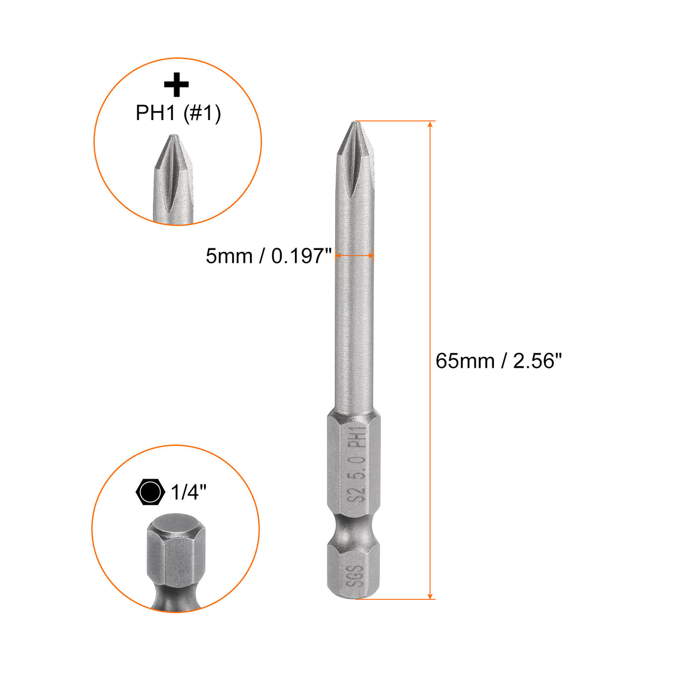 Harfington 5 Stück #1 Phillips Schraubendreher Bit PH1 1/4" Sechskantschaft 2,56" (65mm) Lang Magnetisch S2 Stahl Industriequalität Schraubendreher Bit Kreuzkopf Bits 0,197" (5mm) Stab