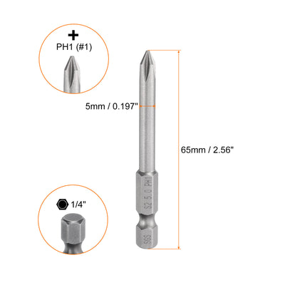 Harfington 5 Stück #1 Phillips Schraubendreher Bit PH1 1/4" Sechskantschaft 2,56" (65mm) Lang Magnetisch S2 Stahl Industriequalität Schraubendreher Bit Kreuzkopf Bits 0,197" (5mm) Stab