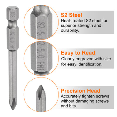 Harfington 5 Stück #1 Phillips Schraubendreher Bit PH1 1/4" Sechskantschaft 2,56" (65mm) Lang Magnetisch S2 Stahl Industriequalität Schraubendreher Bit Kreuzkopf Bits 0,197" (5mm) Stab