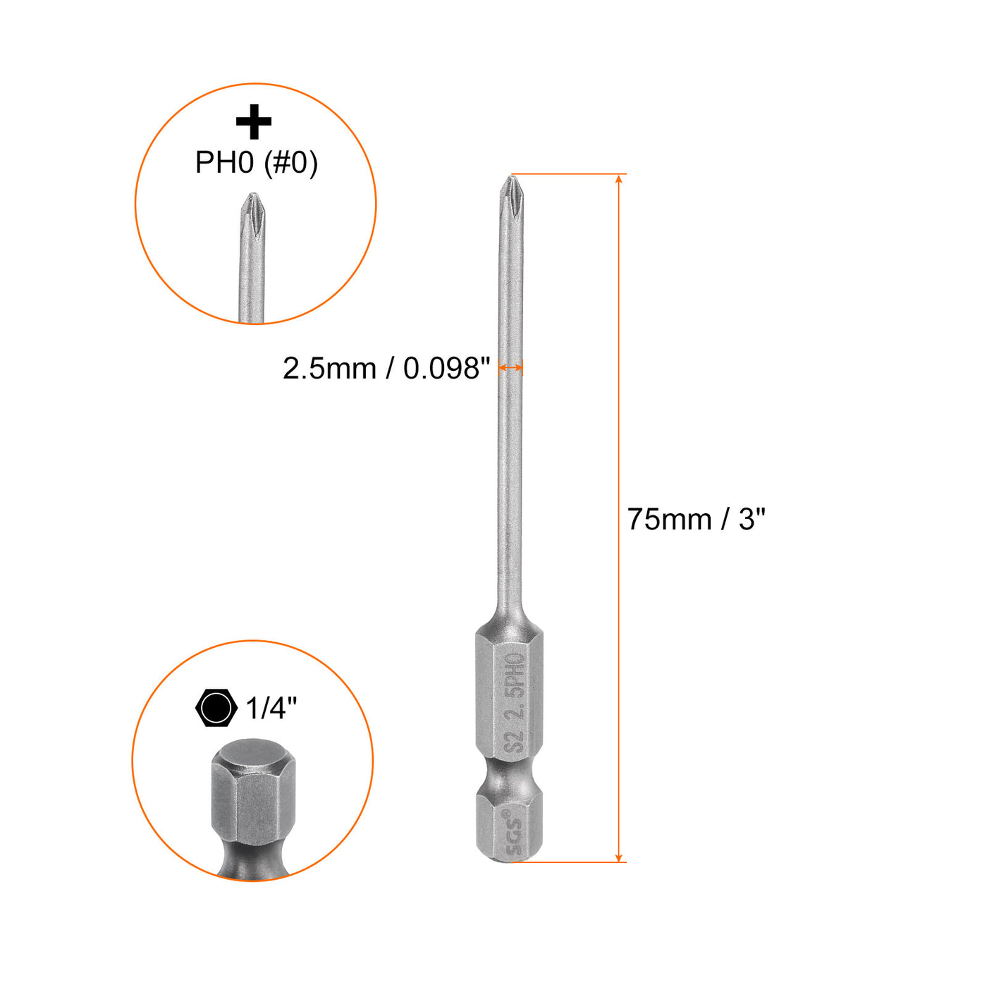 Harfington 5pcs Magnetic Phillips Screwdriver Bit PH0 1/4" Hex Shank 75mm Long 2.5mm Rod