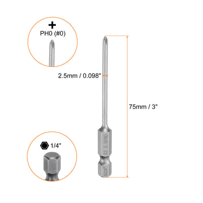 Harfington 5pcs Magnetic Phillips Screwdriver Bit PH0 1/4" Hex Shank 75mm Long 2.5mm Rod