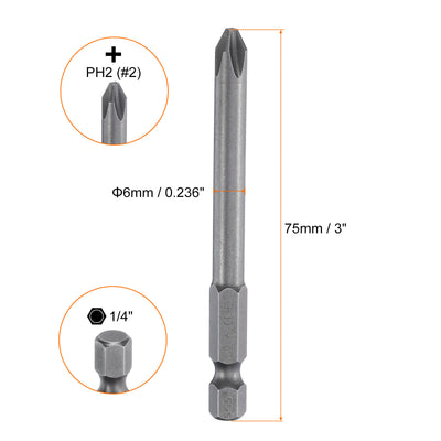 Harfington #2 Phillips Schraubendreher-Bit PH2 1/4" Sechskantschaft 3" (75mm) Lang Magnetisch S2 Stahl Industriequalität Schraubendreher-Bit Kreuzkopf Bohrer-Bits 0.236" (6mm) Stange