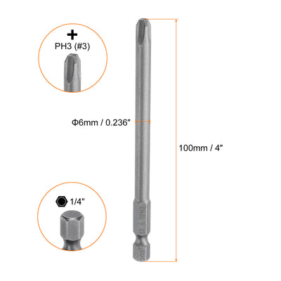 Harfington 5 Stück #3 Phillips Schraubendreher Bit PH3 1/4" Sechskantschaft 4" (100mm) Lang Magnetisch S2 Stahl Industriequalität Schraubendreher Bit Kreuzkopf Bits 0.236" (6mm) Stange