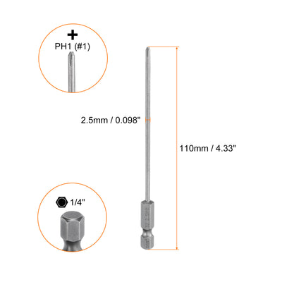 Harfington 10 Stück #1 Phillips Schraubendreher Bit PH1 1/4" Sechskantschaft 4,33" (110mm) Lang Magnetisch S2 Stahl Industriequalität Schraubendreher Bit Kreuzkopf Bits 0,098" (2,5mm) Stab