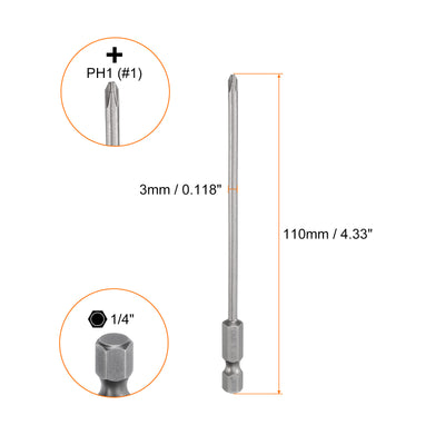 Harfington #1 Phillips Schraubendreher-Bit PH1 1/4" Sechskantschaft 4,33" (110mm) lang Magnetischer S2 Stahl Industriequalität Schraubendreher-Bit Kreuzkopf Bohrer-Bits 0,118" (3mm) Stab