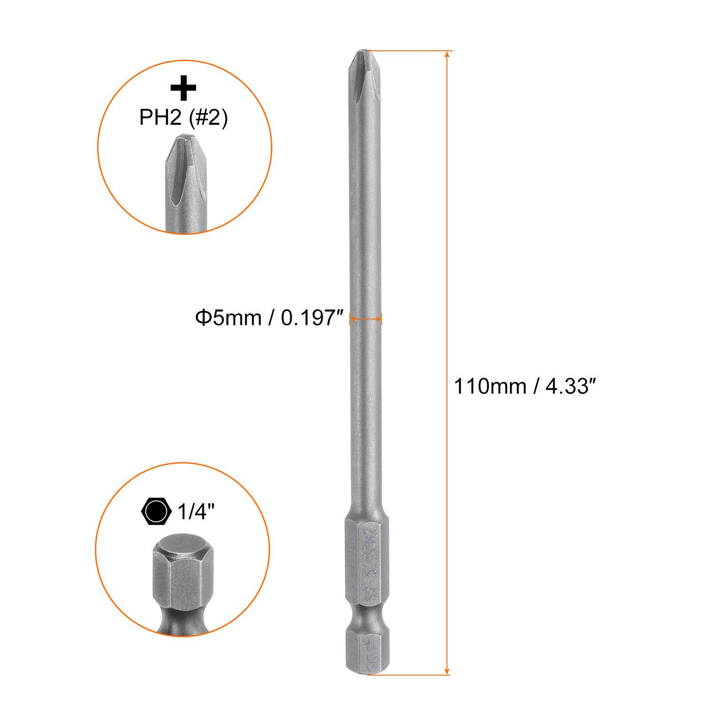 Harfington 5pcs Magnetic Phillips Screwdriver Bit PH2 1/4" Hex Shank 110mm Long 5mm Rod