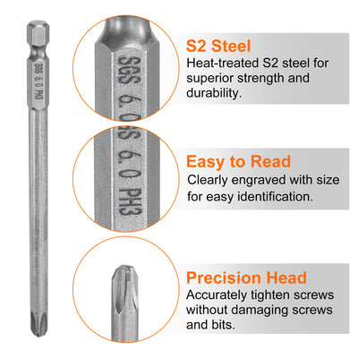 Harfington #3 Phillips Schraubendreher-Bit PH3 1/4" Sechskantschaft 4,33" (110mm) lang Magnetischer S2 Stahl Industriequalität Schraubendreher-Bit Kreuzkopf Bohrer-Bits 0,236" (6mm) Stab