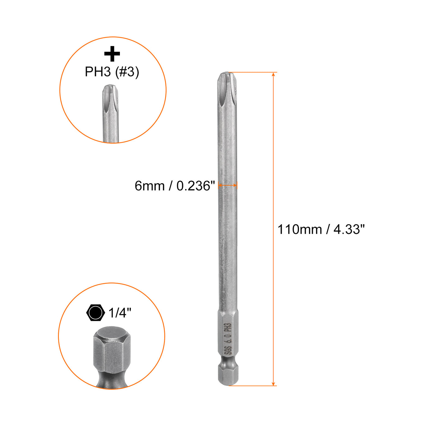 Harfington 5pcs Magnetic Phillips Screwdriver Bit PH3 1/4" Hex Shank 110mm Long 6mm Rod