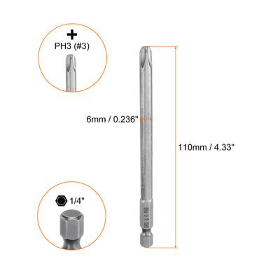 Harfington 5pcs Magnetic Phillips Screwdriver Bit PH3 1/4" Hex Shank 110mm Long 6mm Rod