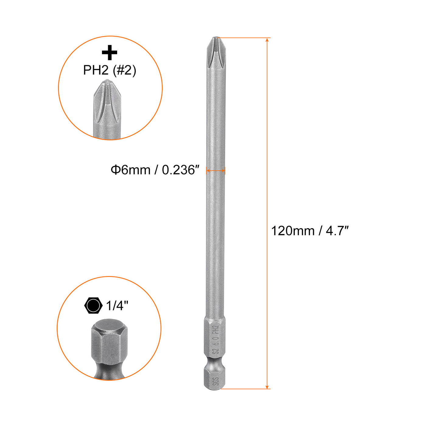 Harfington #2 Phillips Schraubendreher-Bit PH2 1/4" Sechskantschaft 4,7" (120mm) lang Magnetischer S2 Stahl Industriequalität Schraubendreher-Bit Kreuzkopf Bohrer-Bits 0,236" (6mm) Stange