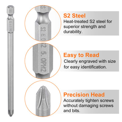 Harfington #2 Phillips Schraubendreher-Bit PH2 1/4" Sechskantschaft 4,7" (120mm) lang Magnetischer S2 Stahl Industriequalität Schraubendreher-Bit Kreuzkopf Bohrer-Bits 0,236" (6mm) Stange