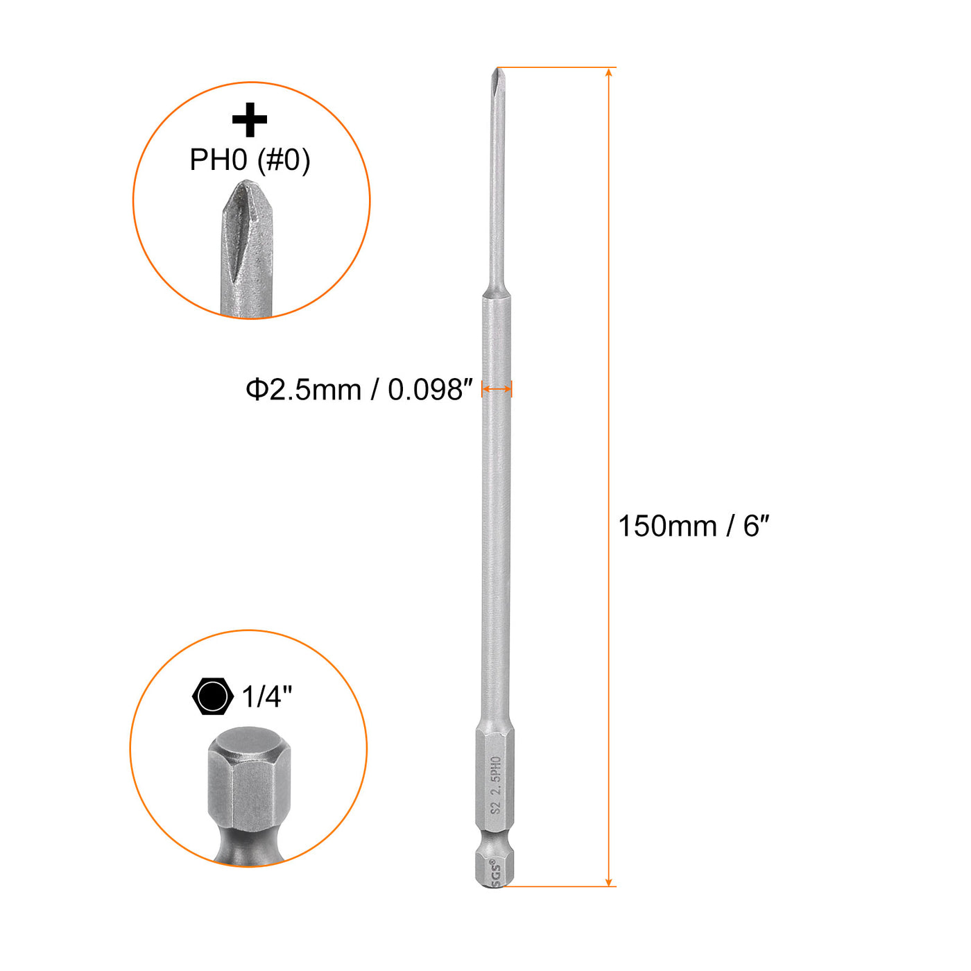 Harfington Magnetic Phillips Screwdriver Bit PH0 1/4" Hex Shank 150mm Long 2.5mm Rod