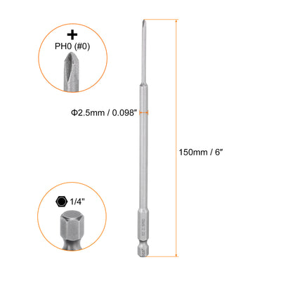 Harfington Magnetic Phillips Screwdriver Bit PH0 1/4" Hex Shank 150mm Long 2.5mm Rod