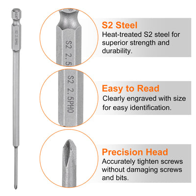 Harfington 5 Stück #0 Phillips Schraubendreher Bit PH0 1/4" Sechskantschaft 6" (150mm) Lang Magnetisch S2 Stahl Industriequalität Schraubendreher Bit Kreuzkopf Bits 0.098" (2.5mm) Stab
