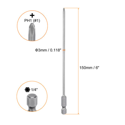 Harfington Magnetic Phillips Screwdriver Bit PH1 1/4" Hex Shank 150mm Long 3mm Rod