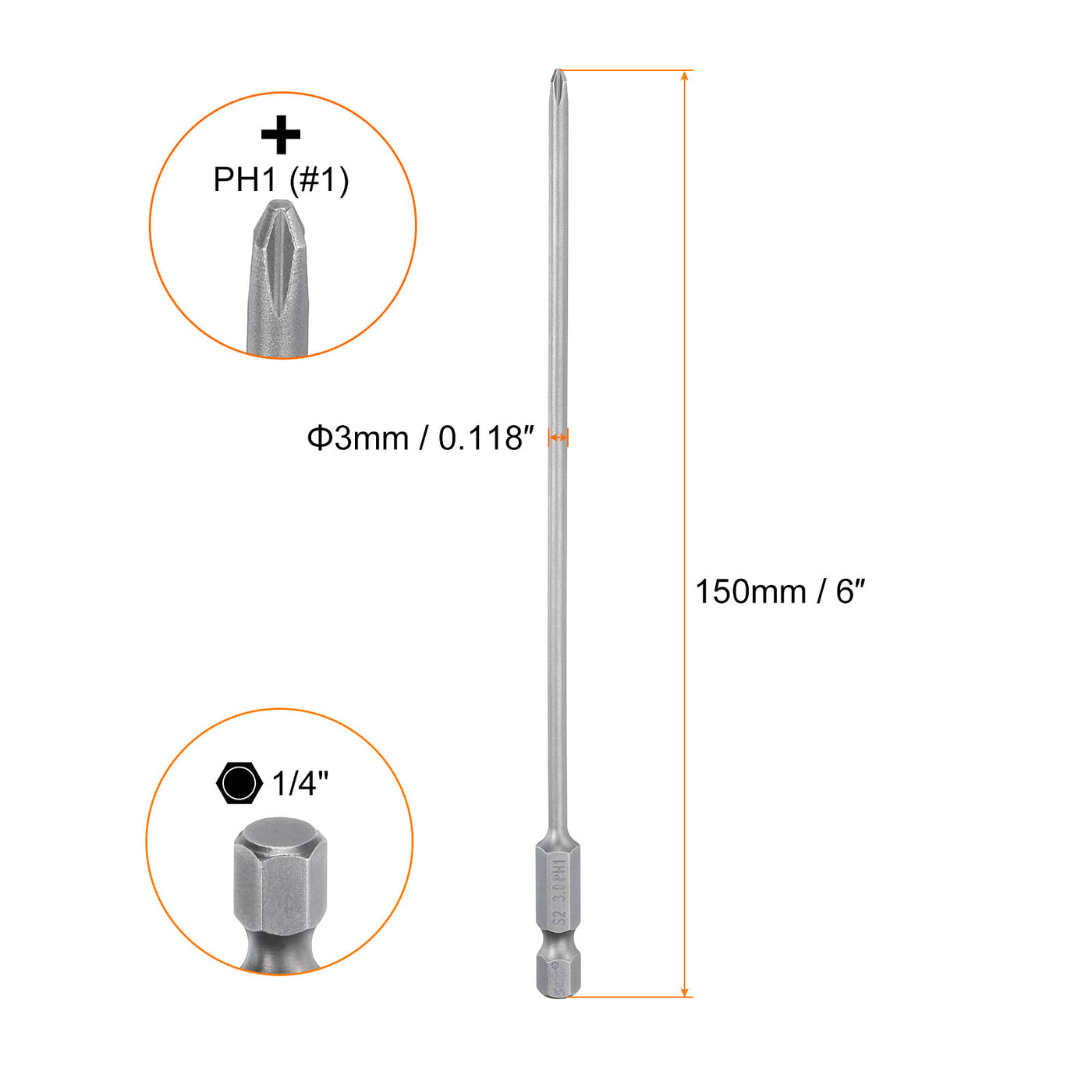 Harfington 5pcs Magnetic Phillips Screwdriver Bit PH1 1/4" Hex Shank 150mm Long 3mm Rod