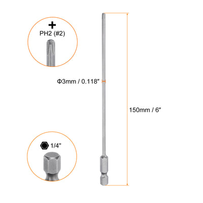 Harfington Magnetic Phillips Screwdriver Bit PH2 1/4" Hex Shank 150mm Long 3mm Rod