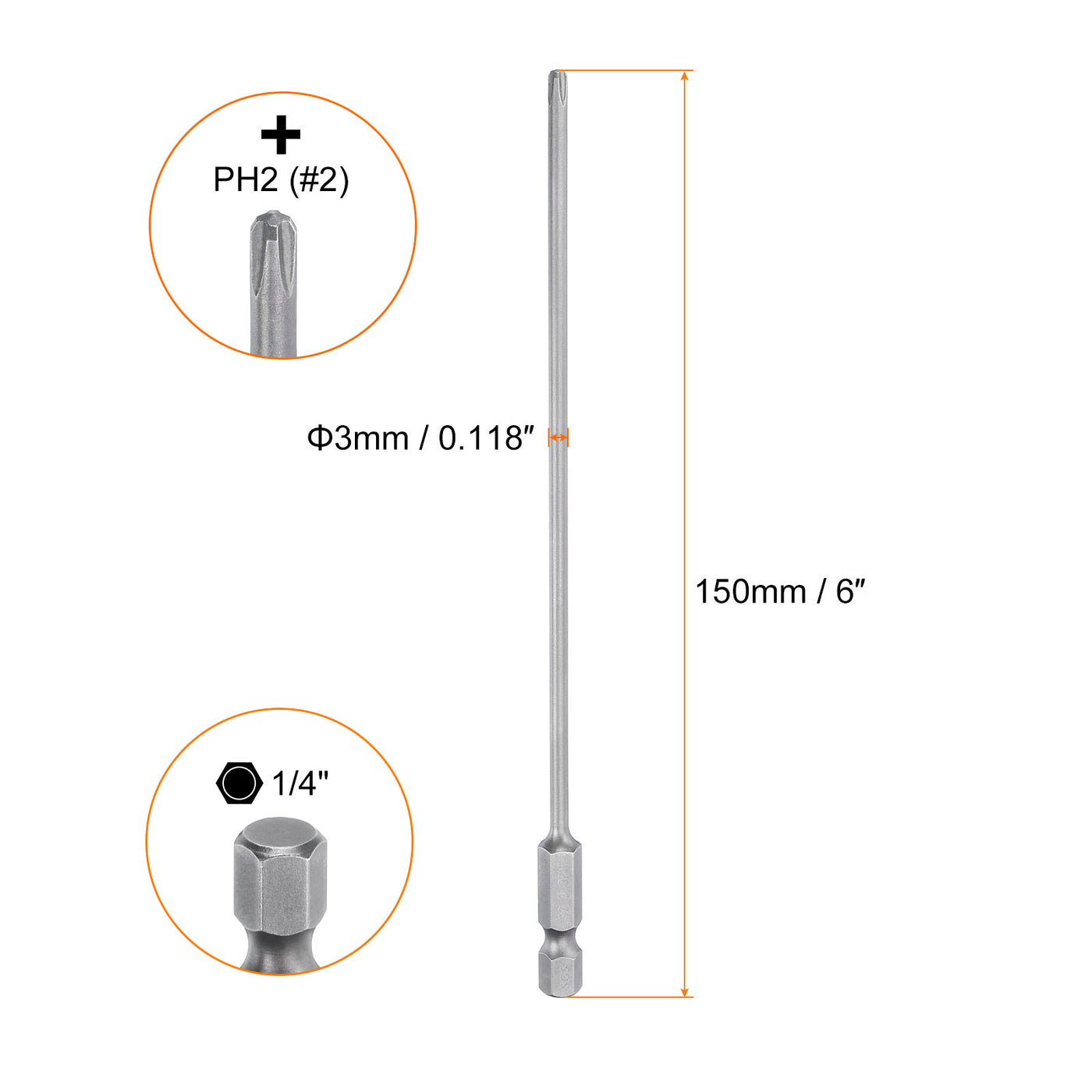 Harfington 5pcs Magnetic Phillips Screwdriver Bit PH2 1/4" Hex Shank 150mm Long 3mm Rod