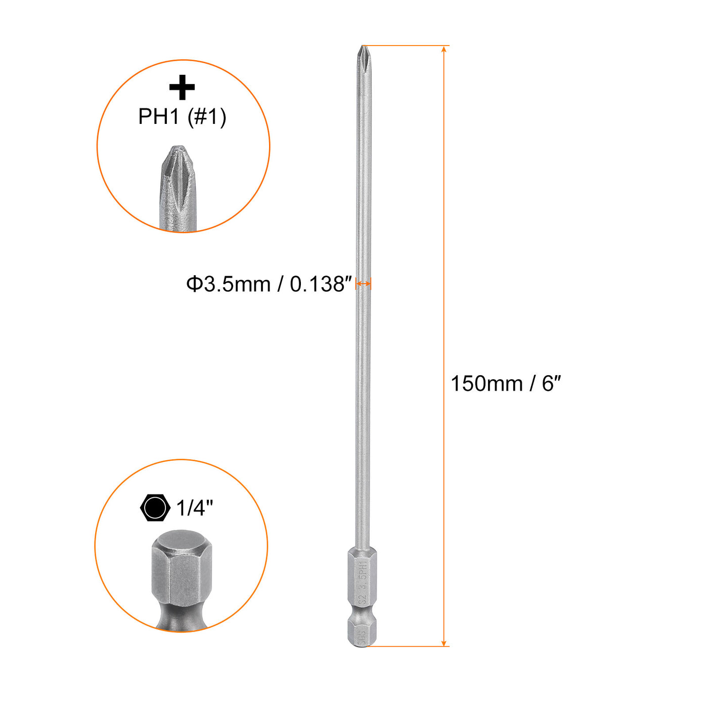 Harfington 5pcs Magnetic Phillips Screwdriver Bit PH1 1/4" Hex Shank 150mm Long 3.5mm Rod