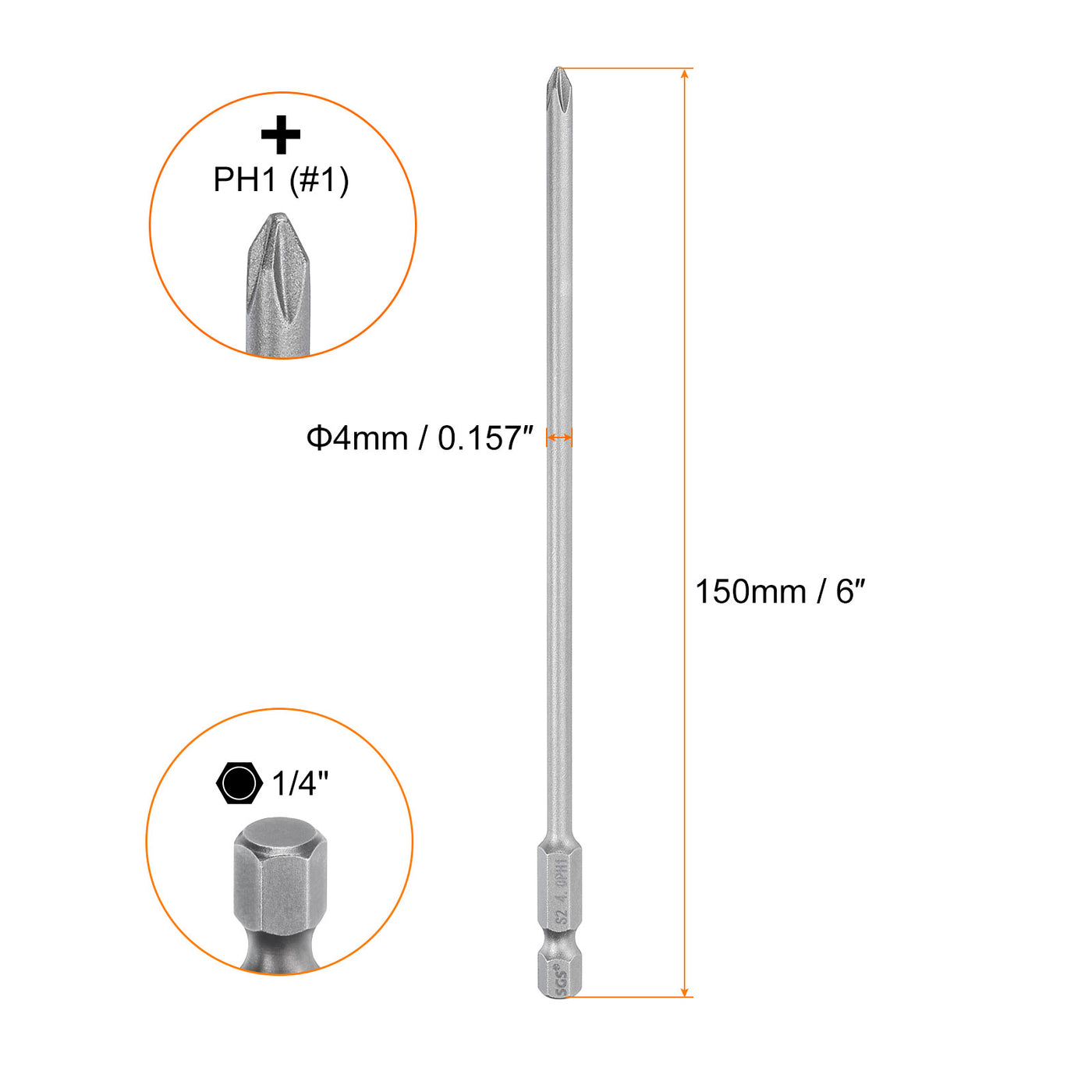 Harfington Magnetic Phillips Screwdriver Bit PH1 1/4" Hex Shank 150mm Long 4mm Rod