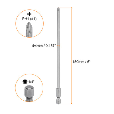 Harfington Magnetic Phillips Screwdriver Bit PH1 1/4" Hex Shank 150mm Long 4mm Rod