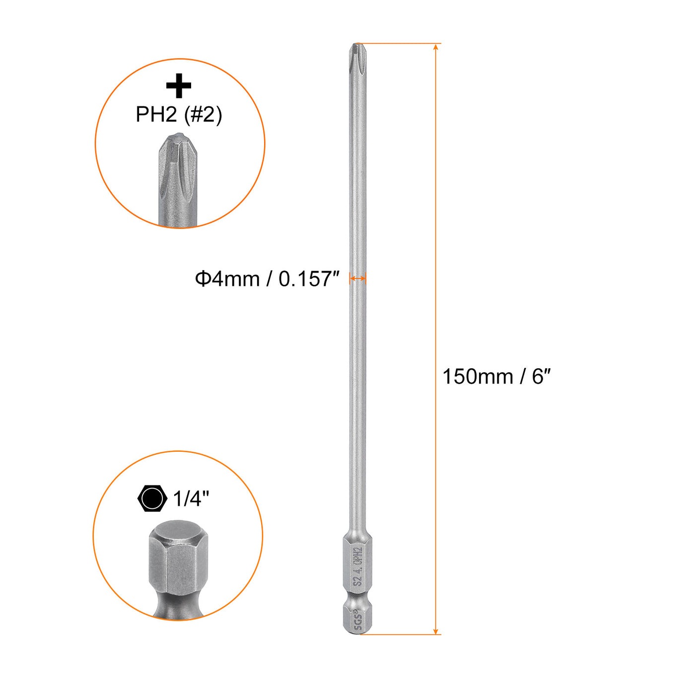 Harfington Magnetic Phillips Screwdriver Bit PH2 1/4" Hex Shank 150mm Long 4mm Rod