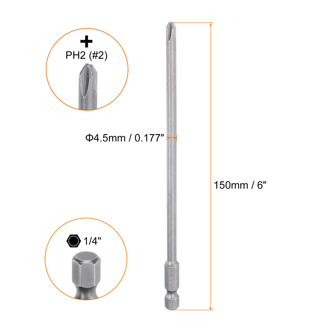 Harfington Magnetic Phillips Screwdriver Bit PH2 1/4" Hex Shank 150mm Long 4.5mm Rod