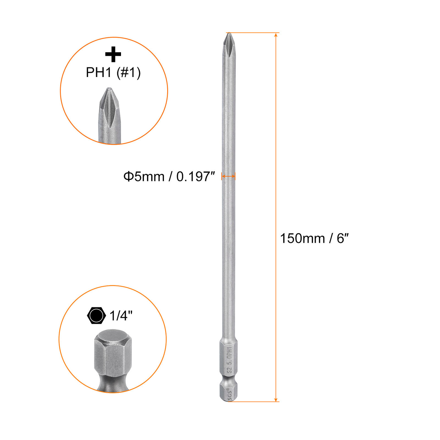 Harfington #1 Phillips Schraubendreher-Bit PH1 1/4" Sechskantschaft 6" (150mm) lang Magnetischer S2 Stahl Industriequalität Schraubendreher-Bit Kreuzkopf  0,197" (5mm) Stange