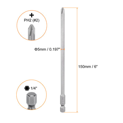 Harfington #2 Phillips Schraubendreher-Bit PH2 1/4" Sechskantschaft 6" (150mm) Lang Magnetisch S2 Stahl Industriequalität Schraubendreher-Bit Kreuzkopf  0.197" (5mm) Stange