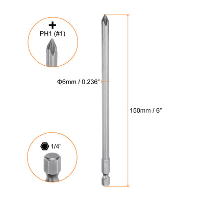 Harfington Magnetic Phillips Screwdriver Bit PH1 1/4" Hex Shank 150mm Long 6mm Rod