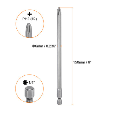 Harfington #2 Phillips Schraubendreher-Bit PH2 1/4" Sechskantschaft 6" (150mm) Lang Magnetisch S2 Stahl Industriequalität Schraubendreher-Bit Kreuzkopf  0.236" (6mm) Stange