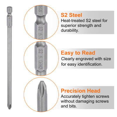 Harfington #2 Phillips Schraubendreher-Bit PH2 1/4" Sechskantschaft 6" (150mm) Lang Magnetisch S2 Stahl Industriequalität Schraubendreher-Bit Kreuzkopf  0.236" (6mm) Stange